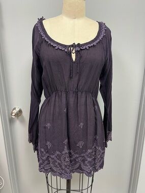 Johnny Was Purple Embroidered Long‑Sleeve Tunic
